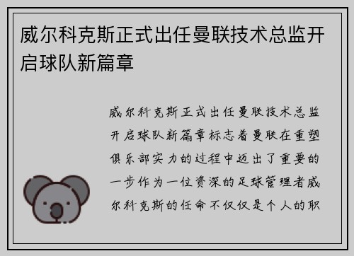 威尔科克斯正式出任曼联技术总监开启球队新篇章
